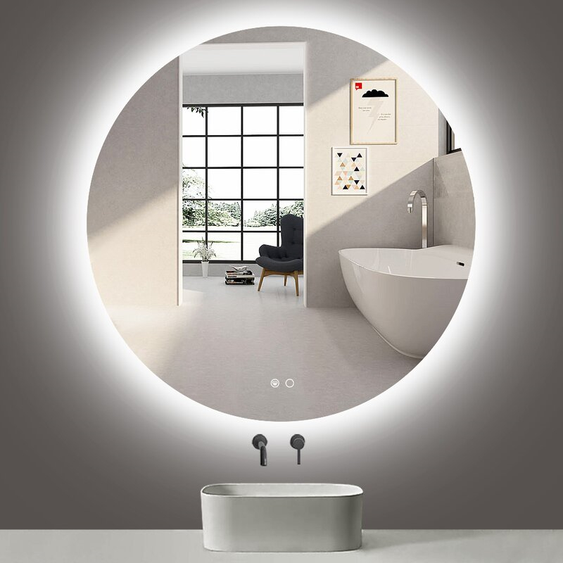 Round Lighted LED Backlit Mirror with Clock