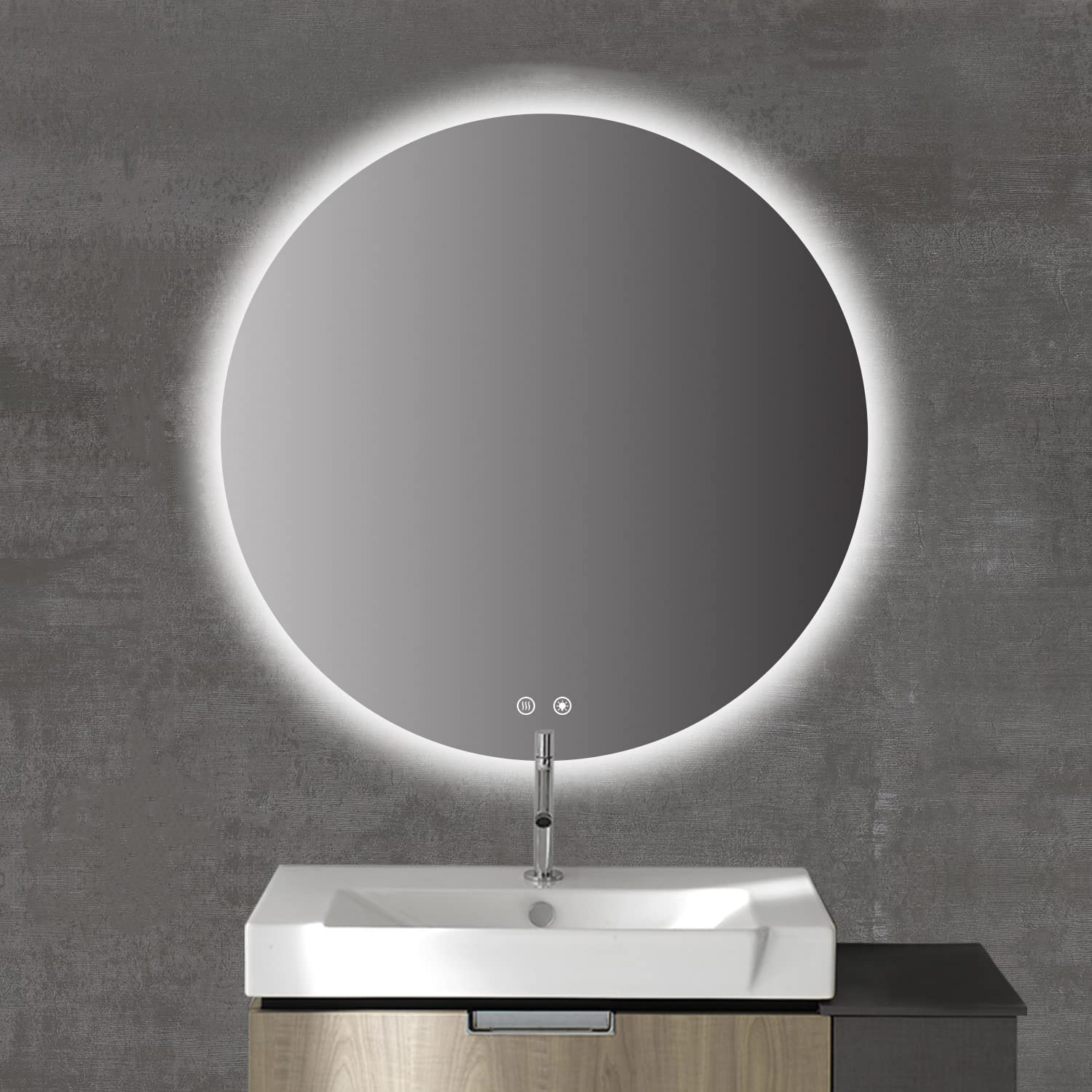 Round Lighted LED Backlit Mirror with Clock