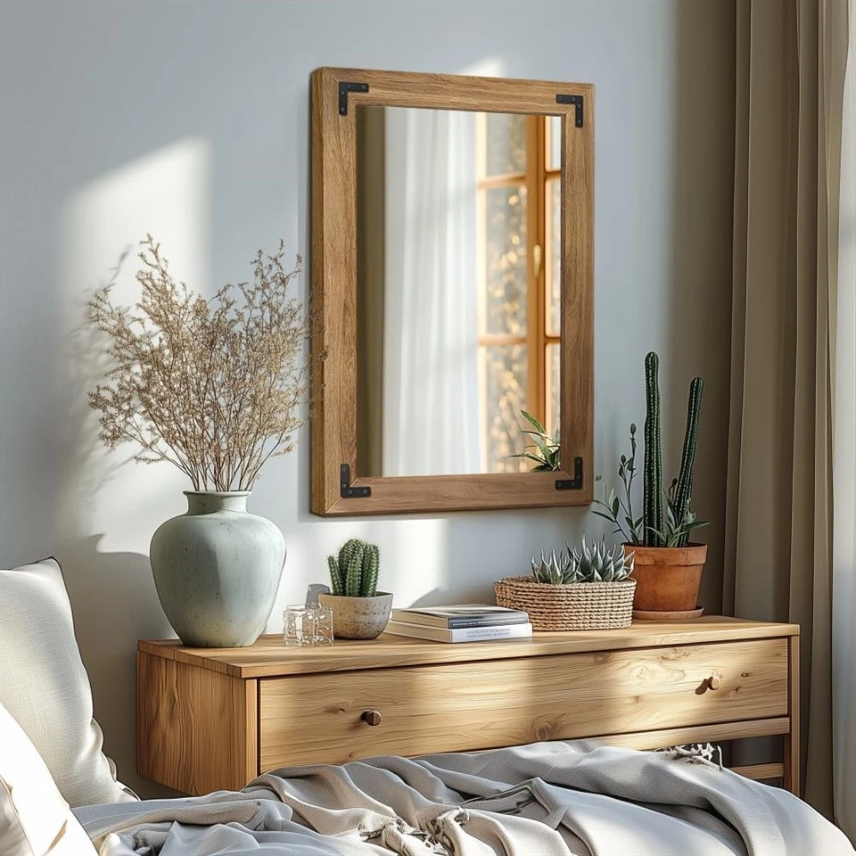 Natural Wood Framed Bathroom Mirror